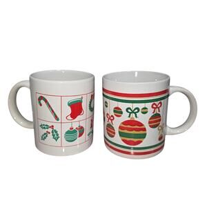 Christmas Ceramic Coffee Mugs Holiday Red Green Ornament Design Set of 2